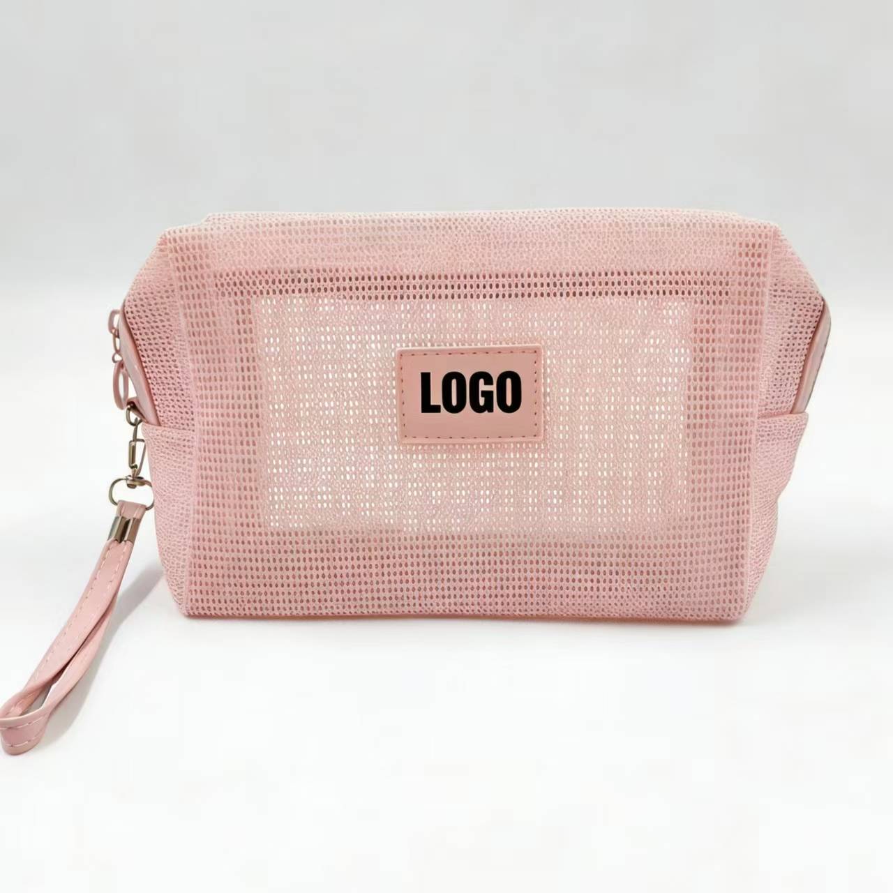 Transparent Mesh Zipper Closure Cosmetic Bag with Wrist Strap Custom Logo for Lady Style Durable & Foldable Travel Bag